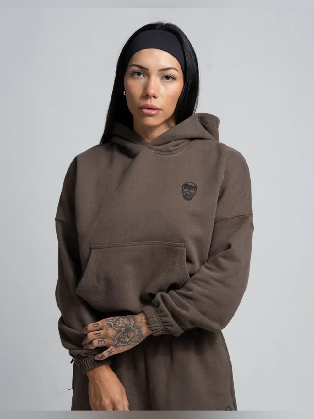 Skull Logo Brown Hoodie Sweatshirt - Women's Casual Pullover